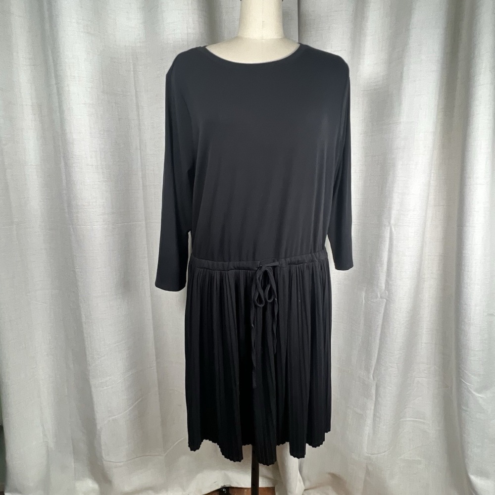 J Jill Jersey Knit Drawstring Drop‎ Waist Pleated Skirt Midi Dress Sz XL  Black